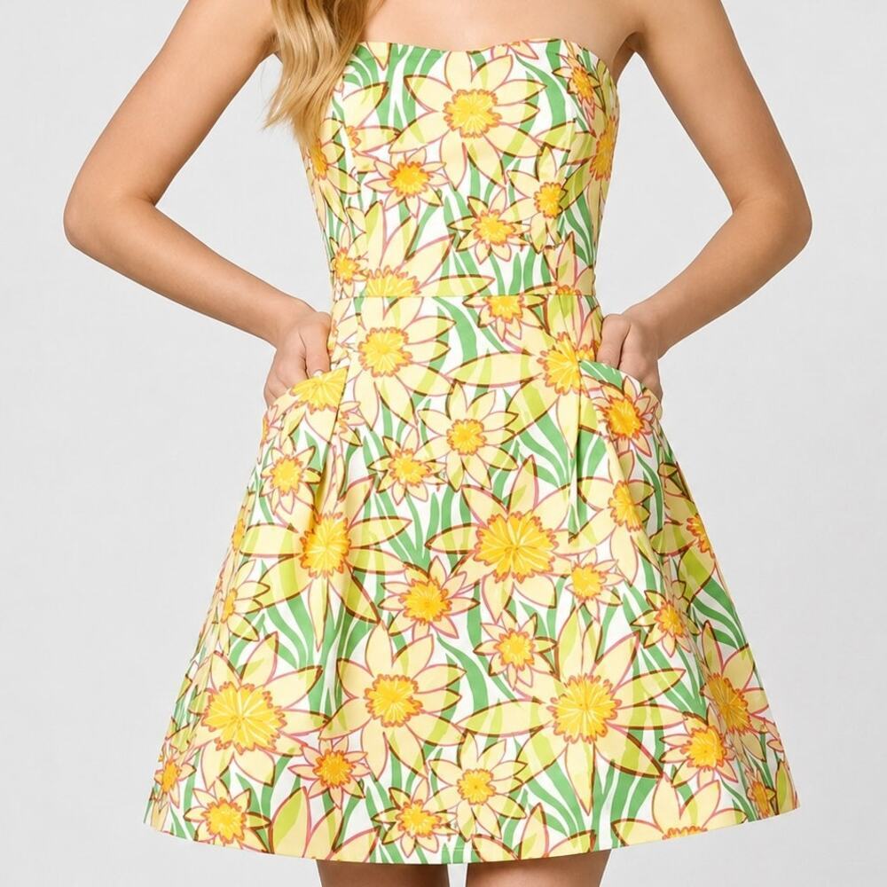 Lilly Pulitzer Wyatt Strapless Daffodils Fit & Flare Dress Yellow Green Size 8